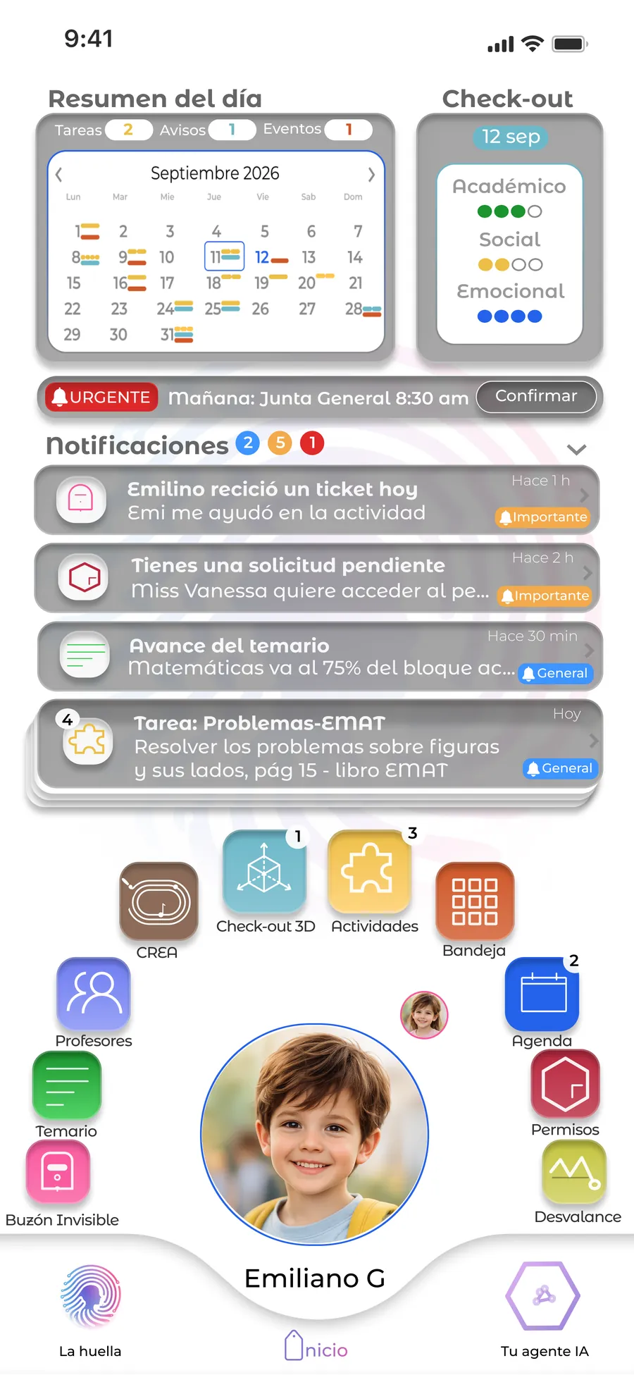 Pantalla de inicio de La Huella: resumen del día, check-out académico, social y emocional, notificaciones y módulos